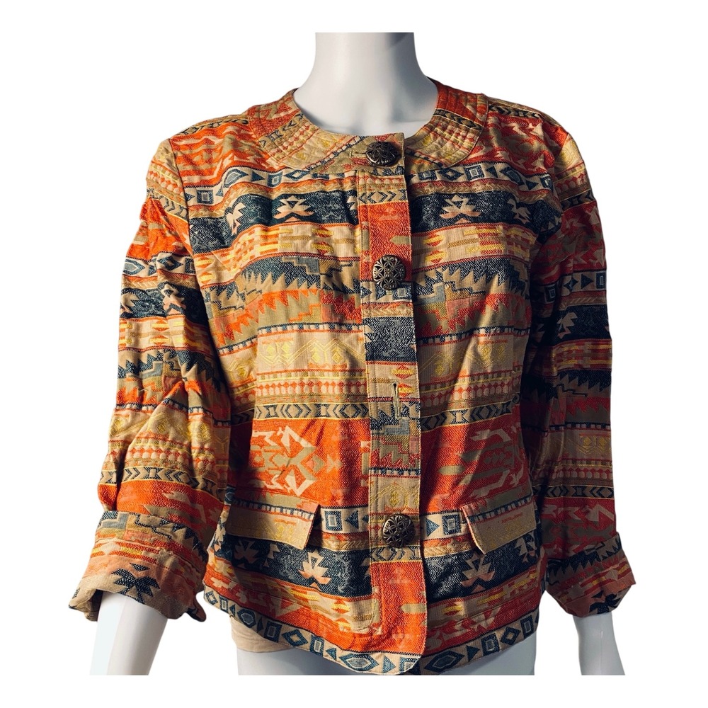 Chico's Womens Southwestern Geometric Tapestry‎ Jacket Orange Multi Size 2